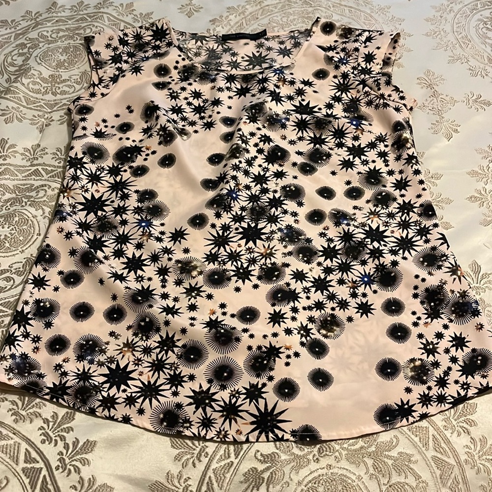 The Limited blouse, women’s sise S, very pale pink with black and blue design